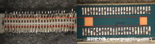 把板對板連接器與其電路板的佈線焊墊作一個比較，端子的切斷面有毛邊的地方剛好對到了裸銅區(qū)。