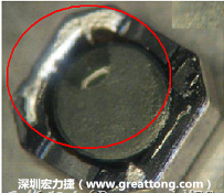 使用錫(Sn)鍍層的電源電感器(Power Inductors)，經(jīng)過(guò)推力測(cè)試后，其焊點(diǎn)還保留在零件的端點(diǎn)上，所以推力比較高。