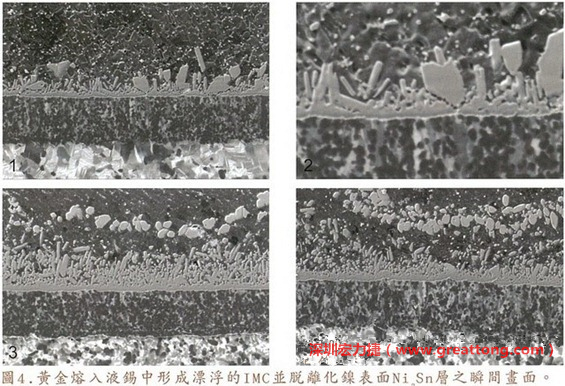 下面四張圖片為放大4500倍的SEM圖像，說(shuō)明在回流焊爐熱量不足的情況下，黃金成份正要從鎳層分離融入焊錫之中的瞬間，當(dāng)零件遭受外力沖擊的時(shí)候就極有可能從這一整排AuSn、、AuSn2或AuSn4的IMC處裂開(kāi)。