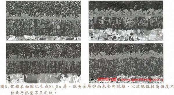 下面四圖顯示，當(dāng)焊接的熱量不足或未持續(xù)時(shí)，雖然Ni3Sn4的薄薄IMC層已經(jīng)生成而焊牢，但也會(huì)因?yàn)锳uSn及AuSn2還未來(lái)得及逸走，而停留在共金介面附近，當(dāng)有外力拉扯的時(shí)候，就很容易斷裂開(kāi)來(lái)。這就是為何ENIG的焊點(diǎn)強(qiáng)度，始終不如銅面焊點(diǎn)(Cu6Sn5)來(lái)得更為牢固的主因之一。