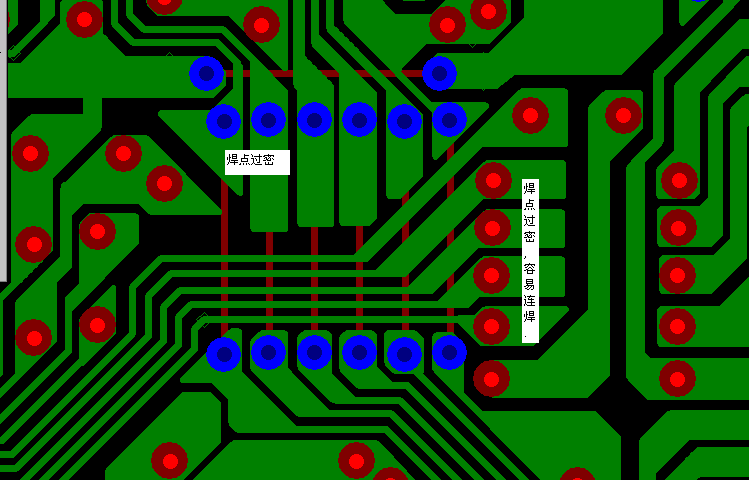 PCB設計焊點過密，易造成波峰連焊，焊點間漏電