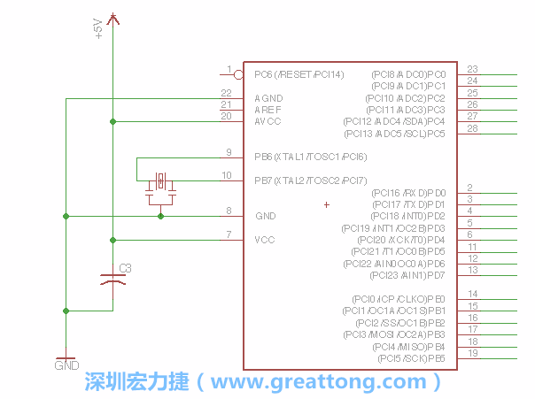3.2.    在靠近ATmega的電源供應(yīng)針腳7的位置放置一個(gè)0.1μF的電容，將它分別連接電源、接地端和針腳7。