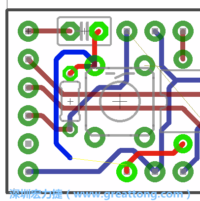 要在電路板正面進(jìn)行+5V信號線連結(jié)和其他連結(jié)點的布線工作是非常容易的，而重置信號線（信號線用來連結(jié)電路板正面左邊的重置開關(guān)）需要經(jīng)過一個可以通過電路板正反兩面的電路通道，這個通道是一個可以讓電路板正反兩面線路連接的一個小孔。